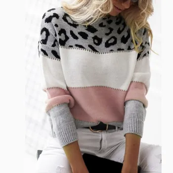 Вязаный свитер с леопардовым принтом, осень-зима 2023, женский топ с длинным рукавом, Корейская мода, Винтажная уличная одежда, пуловеры большого размера, топы
