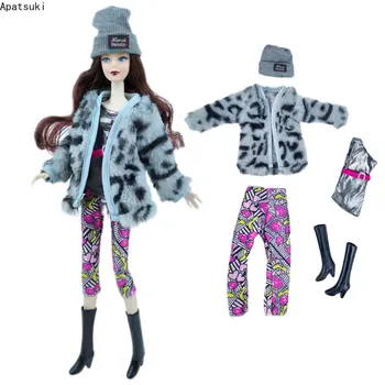 Серый леопардовый комплект модной кукольной одежды для Барби, наряды 1/6 Куклы, аксессуары для Барби, пальто, топ, укороченные брюки, Шляпа, Ботинки, игрушка