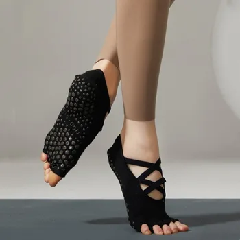 Носки для йоги с пятью пальцами, женские дышащие бандажные хлопковые носки для танцевальных видов спорта с открытой спиной, Силиконовые нескользящие носки для балета и пилатеса без носков