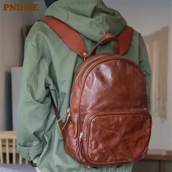 PNDME простой повседневный роскошный мужской рюкзак из натуральной кожи для путешествий на открытом воздухе из натуральной воловьей кожи, дизайнерский рабочий рюкзак для книг