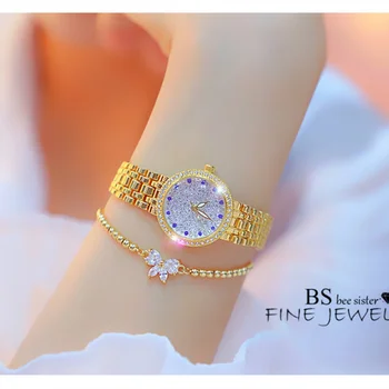 BS Новые часы на цепочке С голубой бриллиантовой шкалой Женские часы с бриллиантами Кварцевые часы Популярная мода