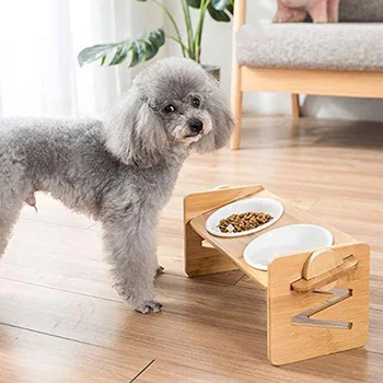 Миски для домашних собак с регулируемой высотой, бамбуковые миски для еды и воды, деревянная подставка для ухода за шеей щенка и кошки