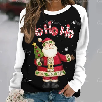 Женская футболка с имитацией хлопка, свитер с длинными рукавами и принтом, повседневный уличный женский пуловер, рождественская футболка, топы.