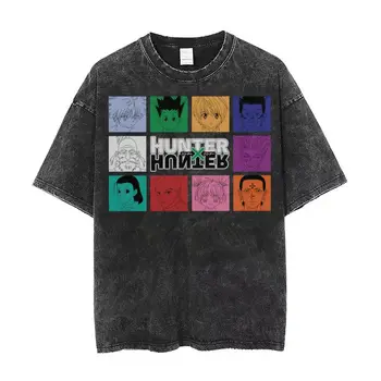 Выстиранные футболки Hunter X Hunter Все персонажи Хип-хоп Новинка Футболка Уличная Аниме Манга Уличная одежда Топы с принтом Футболки Мужские Женские