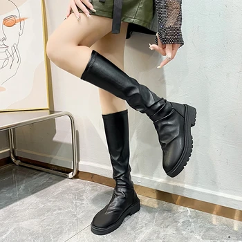 Высокие сапоги для стройной женщины, мода 2024 года, Женская обувь с круглым носком и квадратным каблуком, Зимние однотонные длинные сапоги из мягкой кожи Zapatos