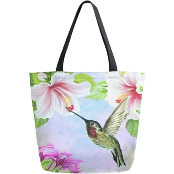 Холщовая сумка Bird, повседневная сумка для книг, большая женская сумка для покупок с цветами, Колибри, многоразовое использование