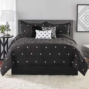 Комплект постельного белья с черным вышитым одеялом из 7 предметов, полный/Queen