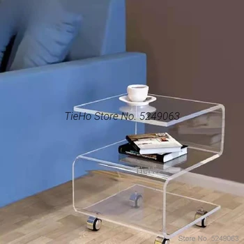 Креативный S-образный Прозрачный акриловый журнальный столик на колесиках, Прикроватный столик для хранения, Передвижные угловые столики, мебель для дома