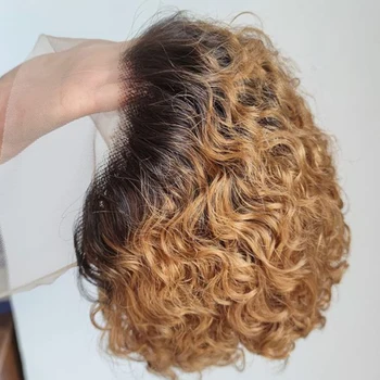 Парик Pixie Cut 1B 27 Кружевной парик коричневого цвета Spring curl 13x1 Короткий Парик из человеческих волос для женщин натурального цвета Блондинка Бордового цвета