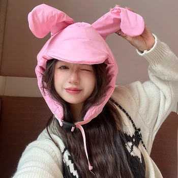 Милые розовые шапки-бомберы с длинными ушами, осенне-зимняя корейская версия, модные теплые шапки с мультяшным кроликом для женщин и мужчин