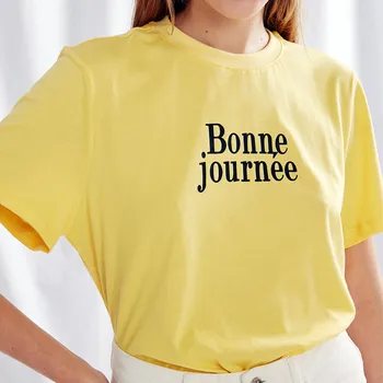 Bonne Journee, Романтические женские футболки с французскими буквами, желтые Летние наряды из 100% хлопка с коротким рукавом 2023, шикарные топы и тройники