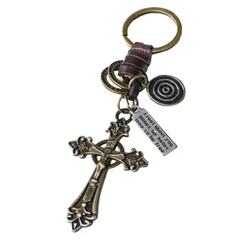 Брелок с двойным крестом из бронзового сплава, кожаный Иисус, Винтажный мужской брелок ручной работы, индивидуальный ключ для автомобиля, кольца для мотоциклов