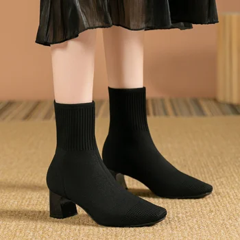 2024 Новые женские ботильоны с квадратным носком, осень-зима, модные вязаные эластичные чулки, Короткие сапоги на высоком каблуке