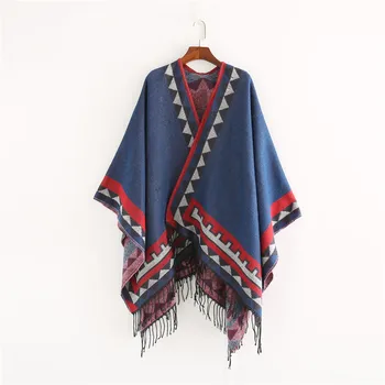 Новинка зимы, с кисточками, уличная европейская американская мода, однотонный теплый шарф-шаль из искусственного кашемира синего цвета