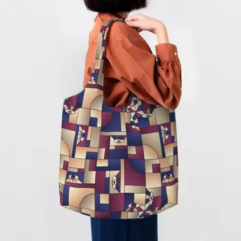Геометрическая линия цветного блока Bauhaus, современная хозяйственная сумка, женская холщовая сумка через плечо, моющиеся минималистичные продуктовые сумки для покупок
