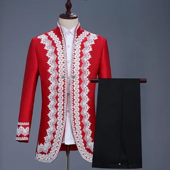 Красный вышитый атласный костюм из 2 предметов, мужские вечерние свадебные костюмы для мужчин, сценический костюм певца для выпускного вечера, мужской костюм Homme (куртка + брюки) XXL