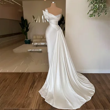 Элегантное белое выпускное платье без бретелек, атласное коктейльное платье в пол с жемчугом 
