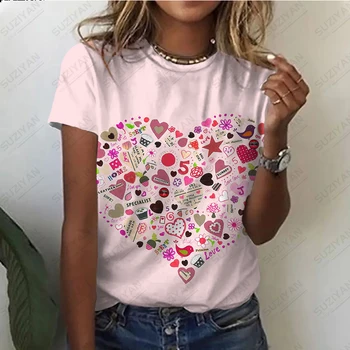 Летняя футболка с коротким рукавом для девочек, свободный и удобный топ с 3D-принтом, милый стиль любви, новый простой большой повседневный стиль харадзюку