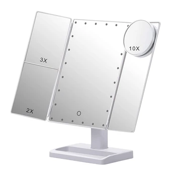Трехстворчатое Зеркало для макияжа с 22 светодиодными лампами, 10-кратное/3-кратное /2-кратное увеличение, портативный Складной столик с подсветкой, настольное косметическое зеркало