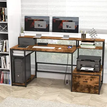 Рабочий стол для домашнего офиса с полкой-подставкой для монитора, Большой компьютерный стол 66 дюймов с розеткой питания и USB-портом для зарядки, настольный комплект