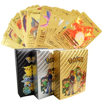 Коробка карт Pokemon Gold Pikachu Цвета: Золотистый, Серебристый, Испанский/Английский/Французский Игральные Карты Charizard Vmax Gx Game Card Boy Gift