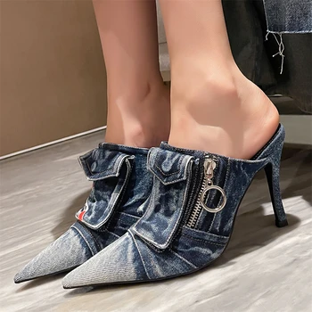 Новые удобные тапочки с карманами, Большой размер 43, Популярная очаровательная женская обувь, Модные джинсовые сандалии на высоком каблуке.