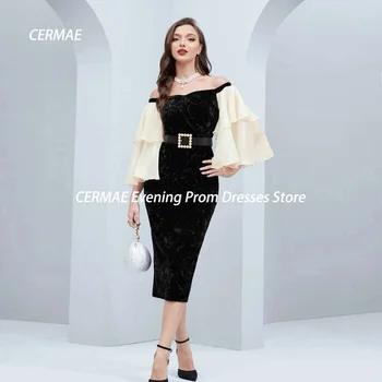 Атласное платье-русалка CERMAE с вырезом на плечах и рюшами для выпускного вечера чайной длины, элегантное вечернее платье для женщин 2023 г.