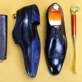 Мужские оксфордские туфли ручной работы из натуральной телячьей кожи с открытым носком, классические деловые мужские туфли-дерби