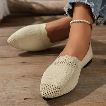 Вязаные женские удобные дышащие однотонные туфли в простом стиле, подходящие по цвету Модные однотонные туфли в тон