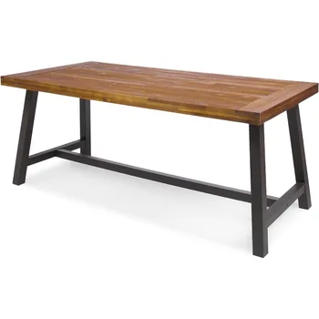 Обеденный стол на открытом воздухе с железными ножками, Пескоструйная обработка / Металлический складной стол в деревенском стиле, Стол для кемпинга, Деревянная Садовая мебель для кемпинга