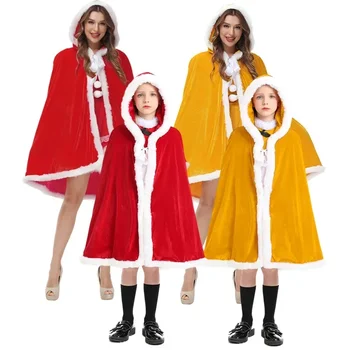 Рождественский плащ, женские красные бархатные пончо с капюшоном, длинная куртка для взрослых и детей, плотная теплая Рождественская накидка, праздничный костюм, женская одежда