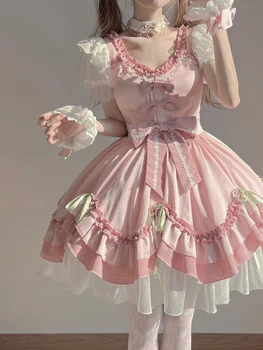 Розовое милое платье в стиле Лолиты, Нежное платье в стиле Лолиты, мягкое платье в стиле кавайной принцессы для девочек, одежда для девочек