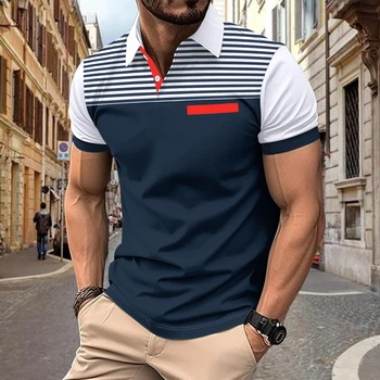 2024 новая летняя мужская верхняя часть плеча, полосатая пуговица с лацканами, цветная повседневная спортивная дышащая рубашка ПОЛО для гольфа