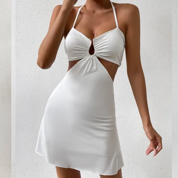 Сказочно Сексуальное Летнее новое платье с открытой спиной 2024 Белое Короткое платье на бретелях для женщин Вечерняя клубная одежда Мини-платье