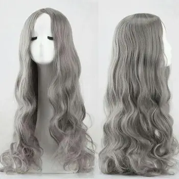 Европейский и американский бабушкин парик, серебристо-серый, со средним пробором, длинные вьющиеся волосы дымчато-серого цвета, крупная волнистая прическа.