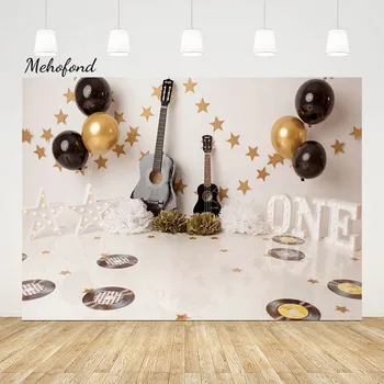 Фон для фотосъемки из Мехофонда, Гитарная пластинка, Мальчик с воздушным шаром, портрет на вечеринке по случаю 1-го дня рождения, фон для украшения торта