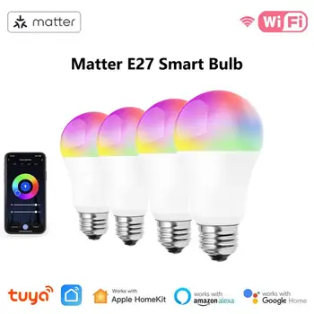 Matter Tuya WiFi E27 Светодиодная лампа 9 Вт RGBCW Умная Лампа с Регулируемой Яркостью 220 В Светодиодные Лампы Голосовое Управление Homekit Siri Alexa Google Home