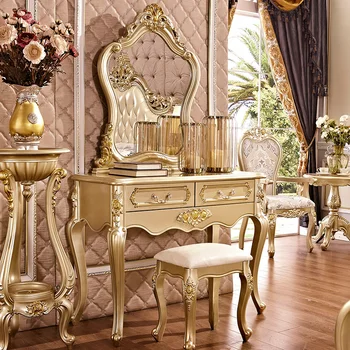 Шкаф для хранения в европейском стиле, встроенный столик для макияжа, цвет шампанского, золотой, маленький столик для макияжа, комбинация зеркал для макияжа.