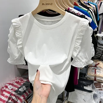Летние женские трикотажные футболки с пышными рукавами 2023, Новые повседневные свободные рубашки с круглым вырезом, Модные нижние Корейские белые базовые топы, женские