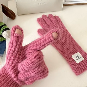 Вязаные трикотажные перчатки 2023 Дышащие Теплые перчатки с раздельными пальцами из утолщенного полиэстера, однотонные перчатки для девочек