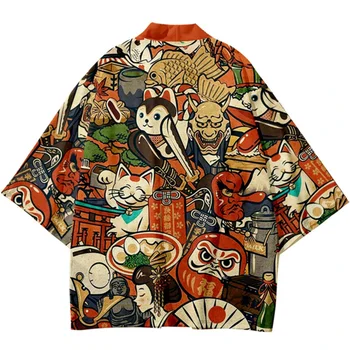 Уличная одежда, кардиган, рубашка с принтом кота Демона-самурая, одежда, традиционное кимоно Хаори, Женский Мужской топ Harajuku, японская пляжная юката.
