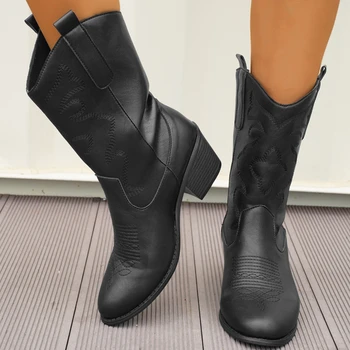 Женская обувь 2023 г., Высококачественные женские ботинки без застежки, осенние однотонные повседневные женские ботинки в западном стиле с круглым носком на среднем каблуке до середины икры