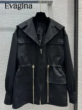 Evagina, Осенняя новая модная дизайнерская черная свободная куртка, женский отложной воротник, много карманов, Металлическая цепочка, пальто с длинным рукавом