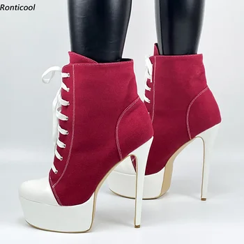 Ronticool/ Модные женские зимние ботильоны на платформе, джинсовые туфли на шпильке с круглым носком, черные, красные, синие вечерние туфли, большие размеры США 5-20