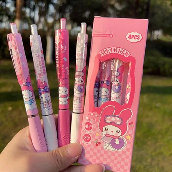 Мультяшная ручка Sanrio Lovely Melody Rabbit Нейтральная ручка Розовое сердце девушки Высококачественная углеродная ручка черного цвета Набор из четырех 2023