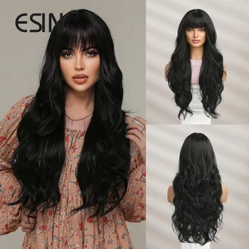 ESIN Темно-черные прямые парики для женщин, длинные синтетические парики с челкой, натуральные волосы для косплея из термостойкого волокна