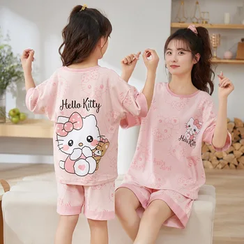 Новая пижама Sanrio Hello Kitty для мамы и дочки из чистого хлопка, летняя домашняя одежда для детей и девочек с коротким рукавом