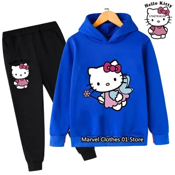 Новый Комплект с капюшоном Kawaii Sanrio Cute Hello Kitty Для девочек, Осенний Топ + Брюки, Детский Праздничный Повседневный Спортивный Костюм для бега Трусцой от 3 до 14 лет