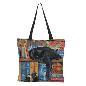 Модная хозяйственная сумка, Льняная многоразовая сумка-тоут для женщин, картина маслом, сумка через плечо с принтом Кота, пляжная сумка, повседневная сумка-тоут