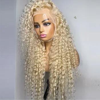 Мягкий 26-дюймовый блондин 180% плотности длиной 613 см, длинный кудрявый парик с глубоким кружевом спереди для чернокожих женщин, детские волосы без клея, предварительно выщипываемые ежедневно